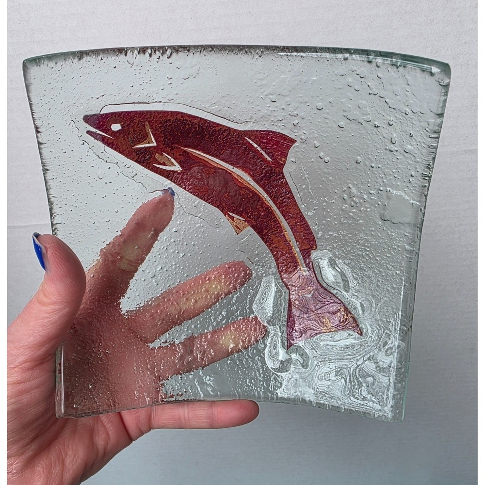 Glass Art Bowl Glassworks salmon Fused PNW Art Glass Textured small dish Signed
